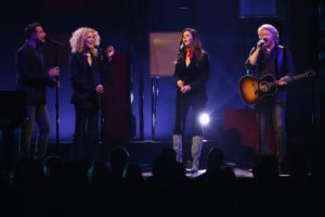 NASHVILLE, TN - NOVEMBER 08: (L-R) Jimi Westbrook, Kimberly Schlapman, Karen Fairchild and Philip Sweet of Little Big Town perform onstage during the 51st annual CMA Awards at the Bridgestone Arena on November 8, 2017 in Nashville, Tennessee.