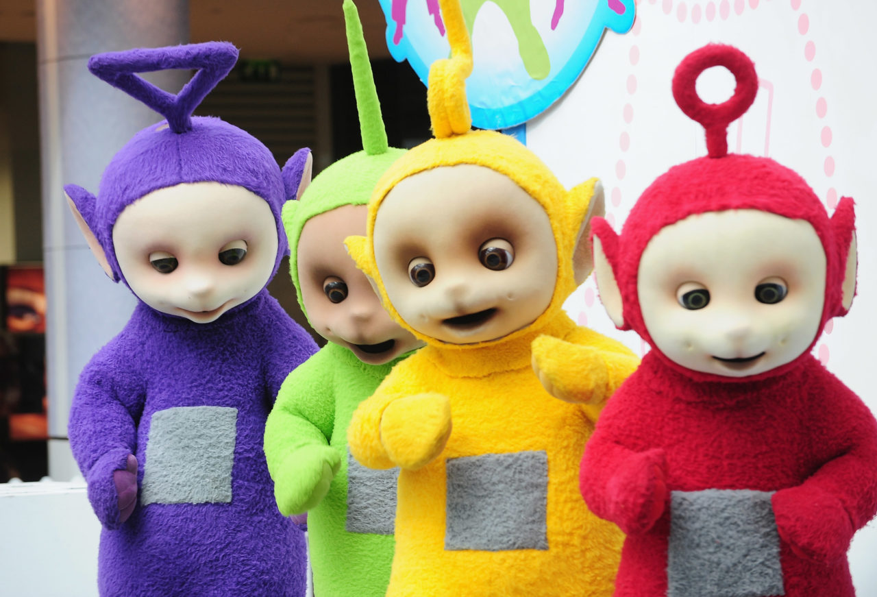 LONDON, ENGLAND - SEPTEMBER 10: The Teletubbies, (L-R) Tinky Winky, Dipsy, Laa-Laa and Po attend photocall to promote new tour at Westfield on September 10, 2009 in London, England.