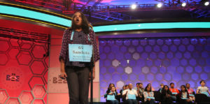 NATIONAL HARBOR, MD - JUNE 1: Samhita Sandhya Kumar of Gold River, California reacts after spelling her word correctly during the final round of 2017 Scripps National Spelling Bee at Gaylord National Resort & Convention Center June 1, 2017 in National Harbor, Maryland. Close to 300 spellers are competing for the top honor in the annual spelling contest. (Photo by Mark Wilson/Getty Images)
