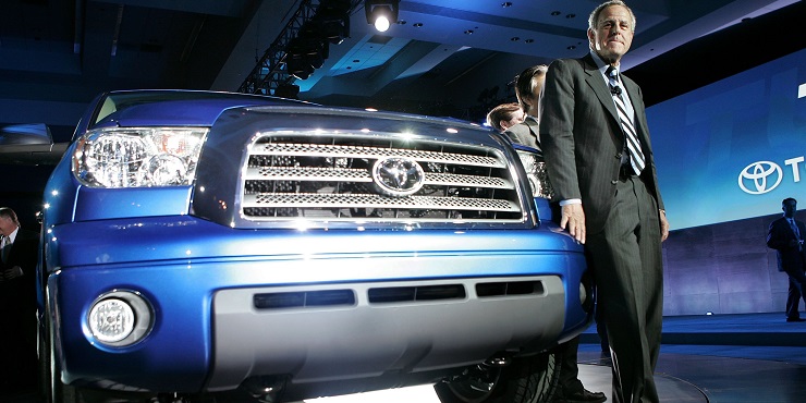 CHICAGO - FEBRUARY 9: Jim Press, COO Toyota Motor Sales USA, introduces the Toyota Tundra full-size pickup truck during a press conference at the Chicago Auto Show February 9, 2006 in Chicago, Illinois. The truck, which will be built in San Antonio, Texas, is expected to be available in about a year. The Chicago Auto Show opens to the public February 10 and runs through February 19. (Photo by Scott Olson/Getty Images)